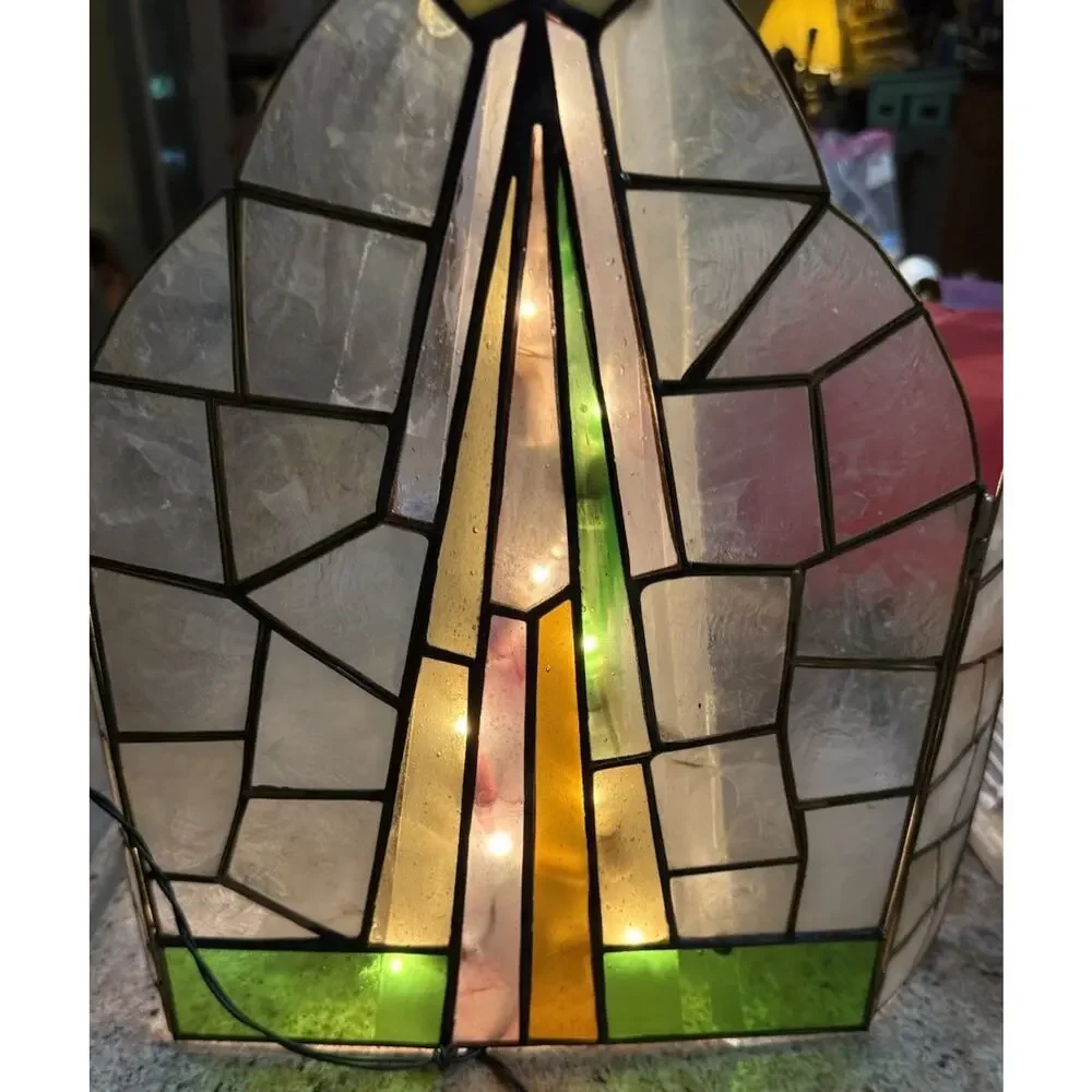 Vtg Capiz Shell & Stained Glass Triptych Christmas Nativity Light Up Background